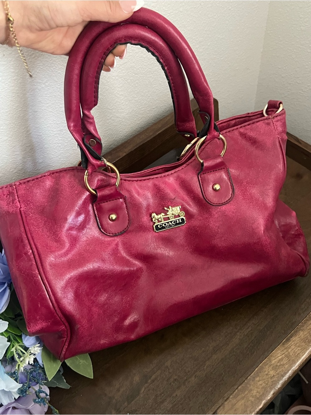 Coach Burgundy Leather Top-Handle Satchel with Gold Hardware